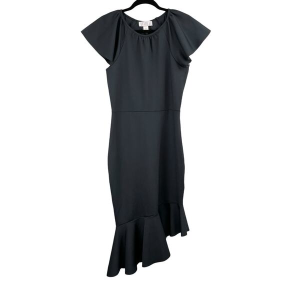Rachel Parcell Black Ruffle Interlock Scuba Asymmetric Midi Dress XL NWOT - Picture 3 of 13
